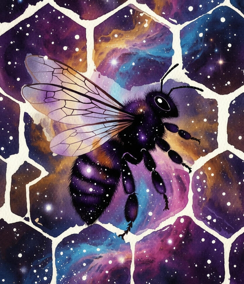 Sara Star Bees black and purple be on cosmic honey comb